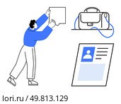 Person organizing documents next to a bag and resume. Ideal for themes of job applications, business tasks, document management, professional development, work organization, career preparation. Person organizing documents next to a bag and resume, symbolizing job applications and business tasks. Стоковая иллюстрация, агентство Ingram Publishing / Фотобанк Лори