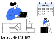 Woman in blue working on a laptop sitting on stacked books, calendar with ANNUAL title, smaller figure using tablet. Ideal for productivity, planning, education, business, time management. Woman Working on Laptop While Sitting on Books Next to a Calendar with Annual Events. Стоковая иллюстрация, агентство Ingram Publishing / Фотобанк Лори