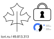 Black outlined maple leaf, padlock icon symbolizing security, and partial pie chart in blue and black. Ideal for themes thumbs up cybersecurity, data protection, Canada, logos, branding, data. Maple Leaf Outline, Lock Icon, and Pie Chart Segment Highlighting Security and Data Analysis. Стоковая иллюстрация, агентство Ingram Publishing / Фотобанк Лори