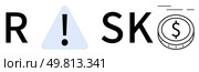 Bold R followed by an exclamation mark in a triangle, SK, and a dollar coin symbol. Ideal for financial alerts, risk assessments, investment warnings, economic studies, insurance notifications. Financial Risk Concept with Exclamation, Triangle Warning Sign, and Dollar Coin. Стоковая иллюстрация, агентство Ingram Publishing / Фотобанк Лори