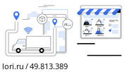 Logistics truck with GPS tracking, digital connectivity, and e-commerce storefront with various shopping bags. Ideal for supply chain, delivery services, digital shopping, e-commerce, transportation. Logistics Truck with GPS Transportation and E-commerce Storefront with Shopping Bags. Стоковая иллюстрация, агентство Ingram Publishing / Фотобанк Лори