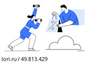Person lifting dumbbells while another holding shopping bags with percent sign. Ideal for fitness, shopping, exercise, wellness, discounts, retail therapy, healthy lifestyle. Line metaphor. Fitness Enthusiast Working Out with Dumbbells and Shopper Holding Discount Bags. Стоковая иллюстрация, агентство Ingram Publishing / Фотобанк Лори