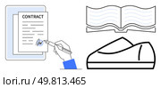 Contract being signed, open book with wavy lines, and single moccasin shoe in simple line style. Ideal for business, legal, education, fashion, documentation, reading, publishing contexts. Line. Contract Signing, Open Book, and Moccasin Shoe Illustrating Legal, Educational, and Fashion Themes. Стоковая иллюстрация, агентство Ingram Publishing / Фотобанк Лори