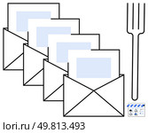 Four envelopes with visible letters inside, aligned next to a fork. Ideal for communication, correspondence, multitasking, office work, mailing, organization food services promotional material. Line. Envelopes with Letters and Fork Representing Diverse Communication and Multitasking Concept. Стоковая иллюстрация, агентство Ingram Publishing / Фотобанк Лори