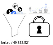 Funnel filtering people head icons into a larger pool, growing stack of coins with upward arrows, padlock for security. Ideal for business, marketing, data processing, cybersecurity, finance, user. Efficient Data Conversion Process with Security and Financial Growth. Стоковая иллюстрация, агентство Ingram Publishing / Фотобанк Лори