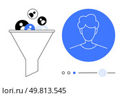 Funnel filtering diverse user icons, leading to a singular user profile with blue background. Ideal for marketing, customer segmentation, lead generation, audience targeting, data analysis. Representing Customer Targeting Through a Funnel Leading to a User Profile Selection in Blue. Стоковая иллюстрация, агентство Ingram Publishing / Фотобанк Лори
