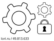 Two gears and a padlock with keyhole icon emphasize teamwork, security, and technological efficiency. Ideal for themes thumbs up mechanics, safeguarding, productivity, innovation, cyber protection. Gear Mechanisms and Padlock for Security, Engineering, and Technology Concepts. Стоковая иллюстрация, агентство Ingram Publishing / Фотобанк Лори