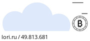 Light blue cloud next to Bitcoin symbol with black lines above. Ideal for digital finance, cloud storage, cryptocurrency, online banking, fintech, blockchain, data security topics. Line metaphor. Cloud Storage Integration with Cryptocurrency Technology for Digital Transactions. Стоковая иллюстрация, агентство Ingram Publishing / Фотобанк Лори