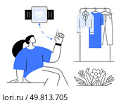 Fitness enthusiast checking smartwatch, hanging wardrobe with clothing, blooming flowers. Ideal for fitness, health, lifestyle, fashion, technology wellness and nature-themed concepts. Balance. Fitness enthusiast using smartwatch, wardrobe with clothing options, flower bed symbolizing active healthy lifestyle. Стоковая иллюстрация, агентство Ingram Publishing / Фотобанк Лори