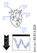 Human heart with data lines, downward sale arrow, and stock market graph with fluctuating bars. Ideal for health analytics, medical research, data science, financial downturns, economic analysis. Human heart connected to data points, downward sale arrow, and stock market graph indicators. Стоковая иллюстрация, агентство Ingram Publishing / Фотобанк Лори