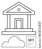 Classical building facade with three elements cloud shape and NFT certificate. Ideal for technology, digital assets, finance, modernization, blockchain, cyber security, education. Line metaphor. Classical Building, Cloud, and NFT Certificate Intersection of Traditional and Digital Worlds. Стоковая иллюстрация, агентство Ingram Publishing / Фотобанк Лори