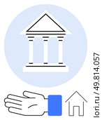Institutional building with columns, protecting hand with blue wristband, and house icon. Ideal for themes of stability, trust, protection, security, finance governance home. Line metaphor. Symbolic Depiction of Institutional Trust, Protection, and Security with Hand and Shield. Стоковая иллюстрация, агентство Ingram Publishing / Фотобанк Лори
