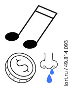 Large musical note, dollar coin with sign, and nose with blue water droplets. Ideal for finance, music, emotion, healthcare, economics sound and creativity themes. Line metaphor. Musical Note, Dollar Coin, and Nose with Teardrops Below Illustrating Sound, Money, and Emotion. Стоковая иллюстрация, агентство Ingram Publishing / Фотобанк Лори