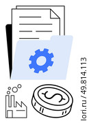 Folder with gear icon, stack of papers, factory, and coin elements. Ideal for digital filing, business organization, industrial management, financial planning, workflow optimization productivity. Document Management System with Industry and Finance Icons for Effective Business Operations. Стоковая иллюстрация, агентство Ingram Publishing / Фотобанк Лори