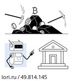 Pickaxes coins and bitcoin symbol. Robot pointing at bank building. Ideal for fintech, blockchain, AI, cryptocurrency, digital economy, innovation, traditional finance. Line metaphor. Cryptocurrency Mining with AI and Traditional Banking A Blend of Innovation and Classic Finance. Стоковая иллюстрация, агентство Ingram Publishing / Фотобанк Лори