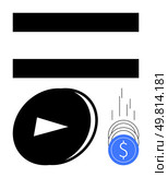 Play button on black circle, stacked equal bars, falling blue coins with dollar symbol. Ideal for digital payments, online transactions, cryptocurrency, video content, financial technology. Digital Interface with Play Button and Cryptocurrency Symbols for Online Transactions. Стоковая иллюстрация, агентство Ingram Publishing / Фотобанк Лори