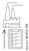 Factory building with smoke stacks emitting smoke, checklist board with several checked items, and upward arrow indicating progress. Ideal for manufacturing, industrial management, efficiency. Factory with Smoke Stacks and Checklist Board with Upward Arrow Representing Efficiency and Growth. Стоковая иллюстрация, агентство Ingram Publishing / Фотобанк Лори