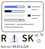 Progress bars with various statuses next to lines and square icons, accompanied by large block letters R and SK, a warning symbol, and currency icons. Ideal for finance, business analysis, risk. Assessing Financial Risk with Progress Bars, Warning Symbol, and Currency Icons in Blue and Black. Стоковая иллюстрация, агентство Ingram Publishing / Фотобанк Лори