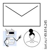 Envelope, robot pointing to woman icon. Ideal for technology, AI, communication, human-robot interaction, email, futuristic design, customer support. Line metaphor. Human-Robot Interaction and Communication Concept with Envelope, Robot, and Person Outline. Стоковая иллюстрация, агентство Ingram Publishing / Фотобанк Лори