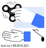 Hand holding fidget spinner and yo-yo, simple minimalist style, blue accents. Ideal for stress relief, relaxation, focus, ADHD, sensory play boredom toy metaphors. Line metaphor. Hand Holding Fidget Spinner and Yo-Yo in Minimalist Style with Blue Accents. Стоковая иллюстрация, агентство Ingram Publishing / Фотобанк Лори