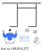 Relaxed individual meditating beside contactless card reader and money transfer. Ideal for financial wellness, stress relief, cashless transactions, modern banking, personal finance, mindfulness. Financial Management for Stress-Free Living Yoga and Contactless Payment System. Стоковая иллюстрация, агентство Ingram Publishing / Фотобанк Лори
