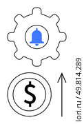 Gear with bell in center symbolizes notifications or alerts. Dollar sign in circle beneath represents finance. Arrow pointing upward implies financial growth. Ideal for financial management. Gear with Notification Bell and Dollar Sign Indicating Financial Growth and Efficiency. Стоковая иллюстрация, агентство Ingram Publishing / Фотобанк Лори