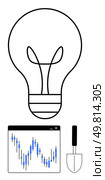 Large lightbulb outline, blue candlestick chart in window, small trowel. Ideal for innovation, financial analysis, groundwork, business planning, investment strategies market research. Line metaphor. Lightbulb, candlestick chart window, and small trowel implying innovation, analysis, and groundwork. Стоковая иллюстрация, агентство Ingram Publishing / Фотобанк Лори