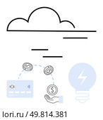 Cloud storing financial data, credit card, hand with coins, light bulb. Ideal for fintech, online banking, digital wallets, cloud technology, finance management startup presentations innovation. Cloud Storage for Financial Transactions and Digital Payment Solutions. Стоковая иллюстрация, агентство Ingram Publishing / Фотобанк Лори