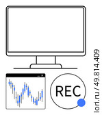 Computer monitor, recording circle with blue dot, graph with data points showing fluctuation. Ideal for finance, tech support, trading, data analysis, online education tutorials presentations. Line. Computer monitor with a recording indicator and a graph showing fluctuating data points. Стоковая иллюстрация, агентство Ingram Publishing / Фотобанк Лори