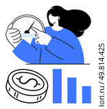 Businesswoman pointing at a speedometer, dollar coin, and downward bar chart. Ideal for finance, business decline, economic downturns, performance analysis, financial metrics, cost reduction. Businesswoman analyzing speedometer with decreasing bar chart and dollar coin, symbolizing financial decline. Стоковая иллюстрация, агентство Ingram Publishing / Фотобанк Лори