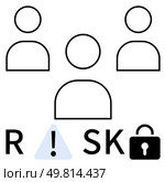 Three abstract human icons. Below, letters RISK, exclamation mark in a triangle, and padlock. Ideal for cybersecurity, risk management, business security, team dynamics awareness campaigns company. Three abstract human icon outlines with RISK and padlock signifying security and alertness. Стоковая иллюстрация, агентство Ingram Publishing / Фотобанк Лори
