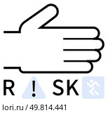 Hand gesture followed by word RISK with exclamation triangle and running figure symbols. Ideal for safety, decision-making, caution, hazard, risk analysis, proactive measures. Line metaphor. Hand gesture with RISK text using symbols, emphasizing caution and awareness in decision-making. Стоковая иллюстрация, агентство Ingram Publishing / Фотобанк Лори