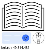 Open book with blue check mark below and pen tool icon nearby. Ideal for publishing, writing, editing, design approval, quality control, education, digital content creation. Line metaphor. Open Book with Pen Tool and Check Mark for Concept of Writing, Editing, and Publishing Approval. Редакционная иллюстрация, агентство Ingram Publishing / Фотобанк Лори