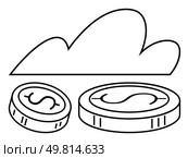 Two coins with dollar signs in front of a cloud. Ideal for financial planning, savings, investments, wealth management, fiscal growth, banking services, and economic strategy. Line metaphor. Simple Line Art Coins with Cloud Background Representing Savings and Financial Growth Concepts. Стоковая иллюстрация, агентство Ingram Publishing / Фотобанк Лори