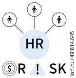 HR icon connecting three figures representing employees. Dollar sign, warning symbol, and RISK suggest financial implications and risk management. Ideal for HR, teamwork, financial planning, risk. HR management connecting employees with potential financial outcomes and risk considerations. Стоковая иллюстрация, агентство Ingram Publishing / Фотобанк Лори