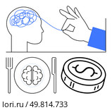 Hand untangling brain, brain on plate with fork and knife, coin with dollar sign. Ideal for mental health awareness, cognitive science, nutrition, neuroscience, financial planning, psychological. Visualizing Cognitive Process, Nutrition for Brain Health, and Financial Thought. Стоковая иллюстрация, агентство Ingram Publishing / Фотобанк Лори