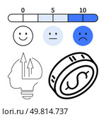 Feedback scale, emotion faces ranging from happy to sad, head with upward arrows, and dollar coin. Ideal for performance evaluation, customer feedback, mental health, finance, progress tracking. Emotional and Financial Progress with Feedback Scale, Icons, and Head with Arrows. Стоковая иллюстрация, агентство Ingram Publishing / Фотобанк Лори