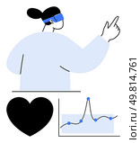Virtual reality enthusiast engages with data insights and analytics pointing forward. Ideal for technology, data analysis, virtual reality, innovation, progress, digital trends, exploration. Line. Exploring Data and Technology Through Virtual Reality and Analytics Insights. Стоковая иллюстрация, агентство Ingram Publishing / Фотобанк Лори