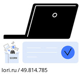 Laptop with check mark, SCORM content pack with icons representing various media types. Ideal for e-learning, course design, content creation, online education, digital resources, student assessment. Digital Learning Tools and SCORM Compliance Represented by Laptop and Checklist. Стоковая иллюстрация, агентство Ingram Publishing / Фотобанк Лори