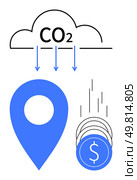 Cloud with CO2 emissions arrows pointing to a location marker and coins representing cost savings. Ideal for environmental sustainability, logistics optimization, carbon footprint, cost efficiency. Reducing CO2 Emissions and Saving Money through Optimized Logistics and Location Strategies. Стоковая иллюстрация, агентство Ingram Publishing / Фотобанк Лори