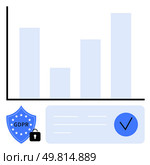 Bar graph with ascending bars, GDPR shield badge with lock, and blue checkmark. Ideal for data privacy, security, compliance, technology, business regulations, data analysis information protection. GDPR compliance in data analytics visualized through bar graph with security badge and approval checkmark. Стоковая иллюстрация, агентство Ingram Publishing / Фотобанк Лори