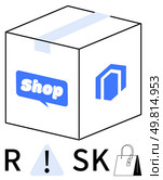 Cardboard box with Shop icon in blue and white and RISK spelled with exclamation point triangle. Ideal for ecommerce awareness, logistics, packaging, retail caution, safety measures, risk management. Cardboard box with Shop icon and Risk symbols, emphasizing online shopping risks and ecommerce. Стоковая иллюстрация, агентство Ingram Publishing / Фотобанк Лори