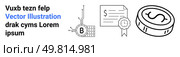 Black text, blue hyperlink, blockchain network with Bitcoin symbol, certificate with a ribbon and dollar sign, and a detailed coin showing dollar sign. Ideal for finance, blockchain, cryptocurrency. Financial Cryptocurrency and Blockchain Elements with Black and Blue Text, Detailed Coin, Certificate. Стоковая иллюстрация, агентство Ingram Publishing / Фотобанк Лори