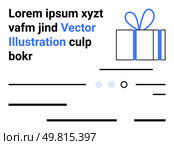Gift box with blue ribbon, minimalist text layout, varying black lines, and blue-grey circles. Ideal for holiday cards, invitations, web banners, social media posts, presentations, posters. Gift Box with Ribbon, Blue and Black Text Design, Minimalist Typography Elements. Стоковая иллюстрация, агентство Ingram Publishing / Фотобанк Лори