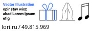 Gift box wrapped with ribbon, two hands in prayer gesture, musical notes, and sample text. Ideal for celebration, religion, spirituality, gratitude music greeting cards websites. Landing page. Gift box, praying hands, and musical notes with placeholder text in minimalist design. Стоковая иллюстрация, агентство Ingram Publishing / Фотобанк Лори