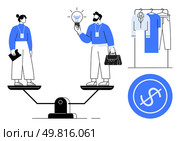 Business professionals on a seesaw, man holding lightbulb and briefcase, woman holding folder, wardrobe with clothes, dollar sign button. Ideal for teamwork, balance, business ideas, resource. Business professionals balancing ideas and resources in workplace environment. Стоковая иллюстрация, агентство Ingram Publishing / Фотобанк Лори