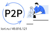 Person in blue shirt holding shopping bag with discount sign next to P2P surrounded by arrows. Ideal for e-commerce, online transactions, retail, discounts, consumer behavior, peer networks, digital. Peer-to-Peer Shopping Concept with Person Holding Discount Shopping Bag in Minimalistic Style. Стоковая иллюстрация, агентство Ingram Publishing / Фотобанк Лори