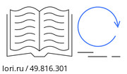 Open book with wavy lines on pages and a blue circular arrow to the right. Ideal for education, knowledge sharing, learning resources, literacy programs, information flow, continuous improvement. Symbol for Open Book and Circular Arrow Representing Continuity and Learning. Стоковая иллюстрация, агентство Ingram Publishing / Фотобанк Лори