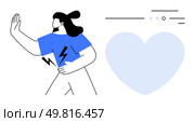 Woman with arm raised in stop gesture, wearing blue shirt with lightning symbol, large blue heart beside. Ideal for emotions, energy, health, relationships, boundaries, strength, protection. Line. Woman in Blue Shirt Making Stop Gesture with Lightning Symbol and Large Blue Heart. Стоковая иллюстрация, агентство Ingram Publishing / Фотобанк Лори