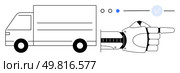 Robotic hand with one finger pointing right next to a delivery truck. Circles and checkmark icon included. Ideal for automation, logistics, AI, delivery services, robotics, future tech, business. Robotic hand pointing forward next to a delivery truck symbolizing automated logistics and AI technology. Стоковая иллюстрация, агентство Ingram Publishing / Фотобанк Лори